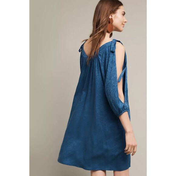 Anthropologie Holding Horses Leyton Open-Shoulder Swing Dress Size Medium Blue - Picture 2 of 11